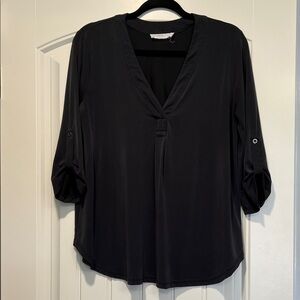 Lush Charcoal V-Neck Blouse with Rolled Sleeves